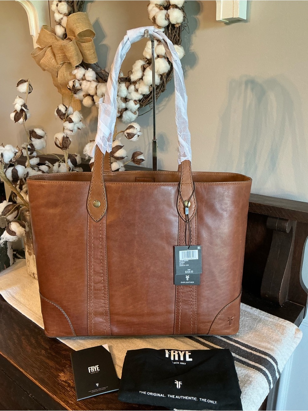 NWT Frye Melissa Leather Shopper Tote Shoulder Bag Cognac Brown Retail  $358